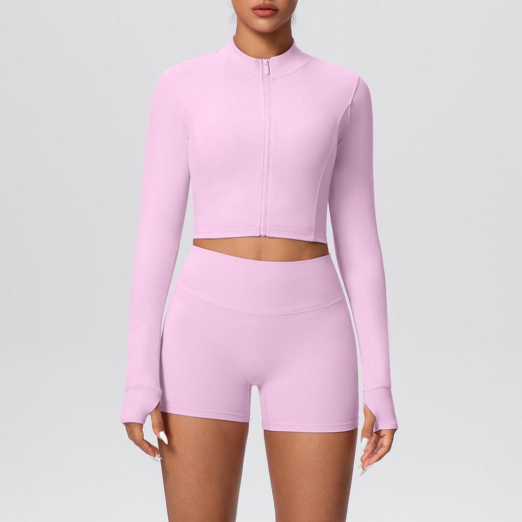 High-Waisted Hip-Lift Sports Shorts & Zip Jacket Yoga Set - Nude Feel for Casual Run & Fitness