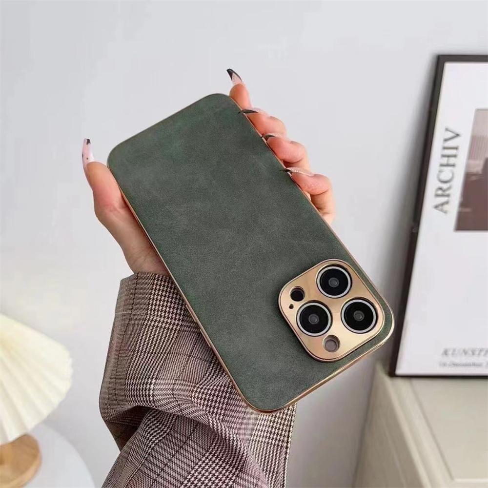Funda Metálica con Baño de Cuero de Cordero Gamuzado para iPhone 15 14 13 12 Pro Max Plus Protector de Cámara Parachoques Protector contra Golpes