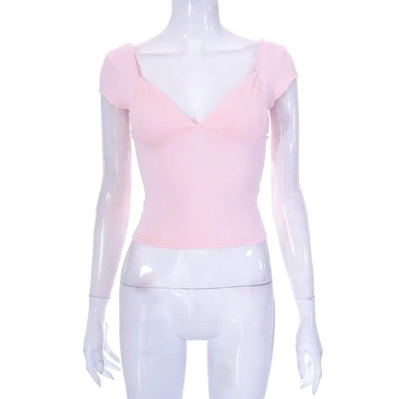 Summer 2024 Solid Sexy Backless V Neck Womens T-shirt Low-cut Short Sleeve Casual Tshirts Woman Slim Elegant Cropped Tees 30617