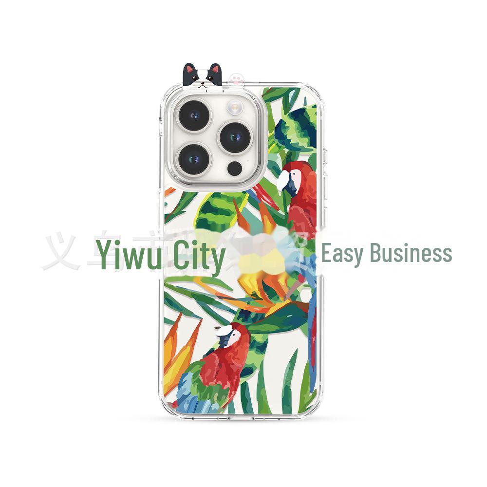 Green Parrot Watercolor Flowers & Birds Phone Case for 15/15pro, Inspired by the Forest's Colorful Ecological Chain.