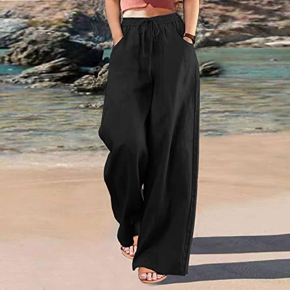 Women's casual wide-leg pants elastic waist lace-up trousers