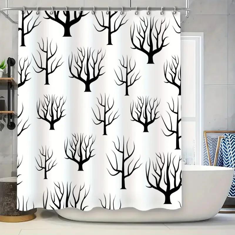 

Artistic Bathroom Decor: Black Tree Pattern Shower Curtain Set for Bathtub or Kitchen with Metal Rods Modern Home Accessories in W90XH180cm