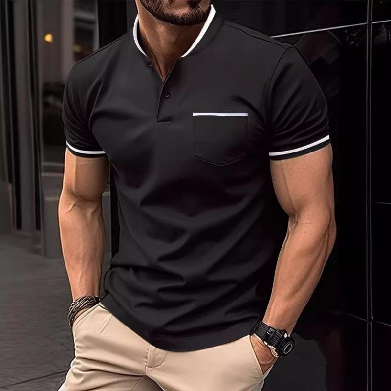 Men s Spring New Solid Color Stand Collar Pocket Casual Versatile Short Sleeve Top S чёрный