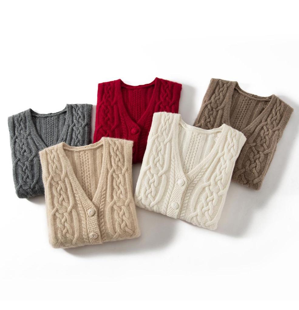 Women's 100% Pure Cashmere Thickened V-neck Cable Knit Cardigan Vest for Autumn/Winter