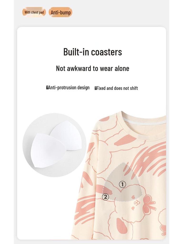 Women's 2025 Long-Sleeve Cartoon Pullover Pajamas with Chest Pad - Versatile Cotton Set for Indoor/Outdoor Wear (Autumn/Winter).