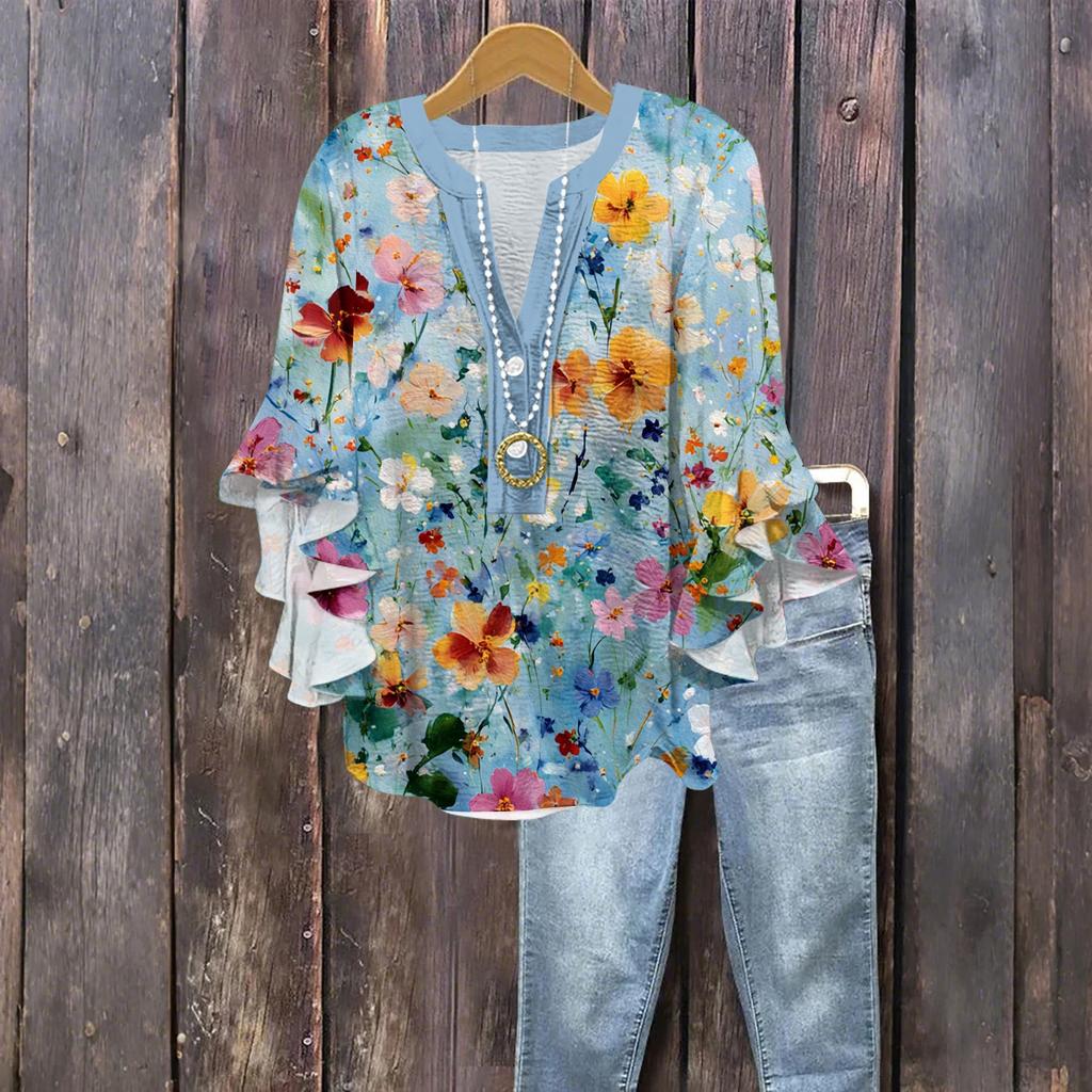Damenmode Knopf V-Ausschnitt Rüschen Siebenärmel Bluse Geblümtes Top