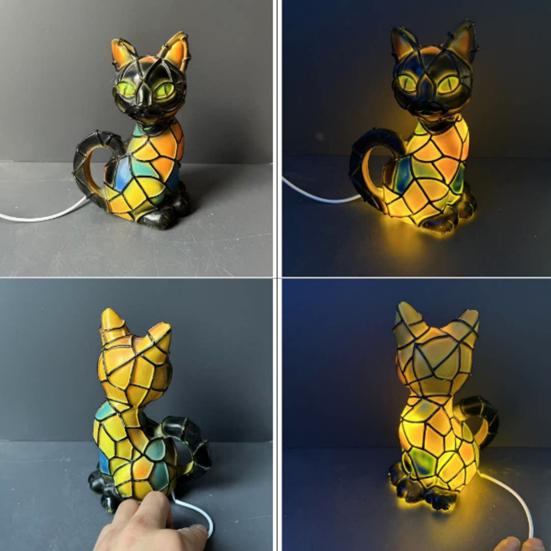 Kočičí lampa Vitrážové pryskyřičné sklo Noční světlo Měkká teplá záře 3D LED stolní lampa se zvířecí tématikou Dekorace do ložnice