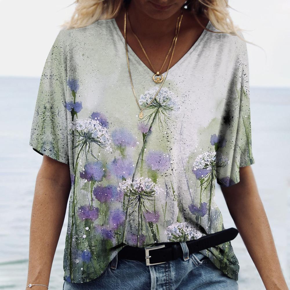 Summer V-neck 3D Flower Butterfly Printed Top Fashionable Casual Short Sleeved Women's T-shirts