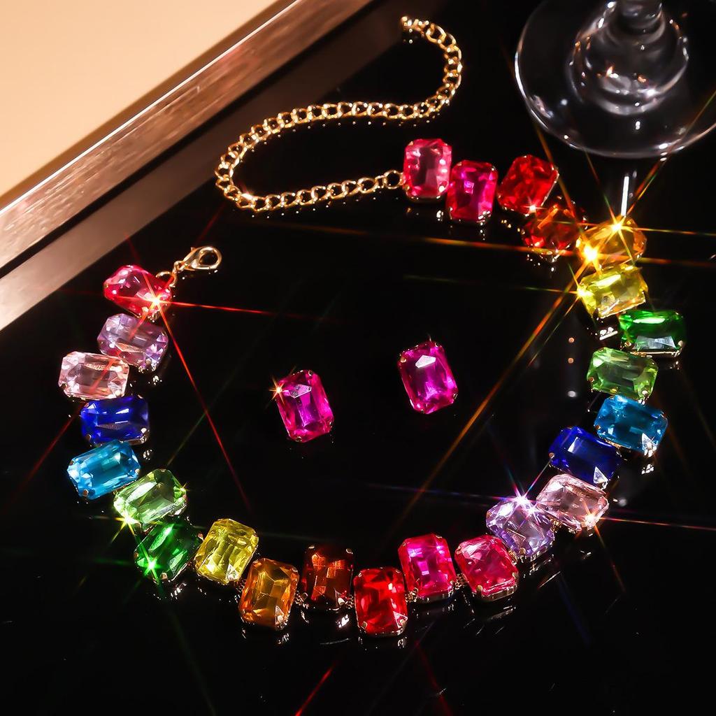 Collar de Cristal Rosa Colorido con Diamantes Completos - Estilo Europeo y Americano