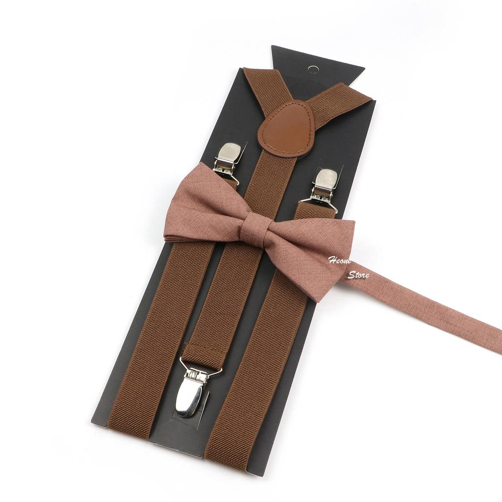 Men Kids Yellow Khaki Brown Suspender Bowtie Set Elastic Adjustable Y-Back Braces Straps Daily Father-Child Braces Accessory