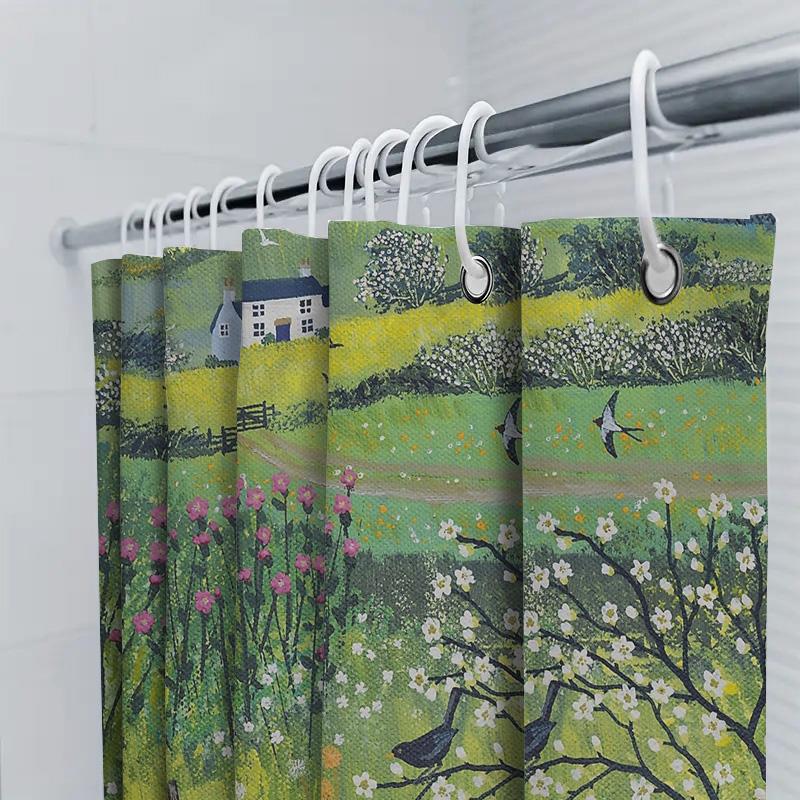 Floral Rabbit Deer Forest Landscape Shower Curtain Vintage Nature Botanical Backdrop Rustic Farmhouse Bathroom Decor