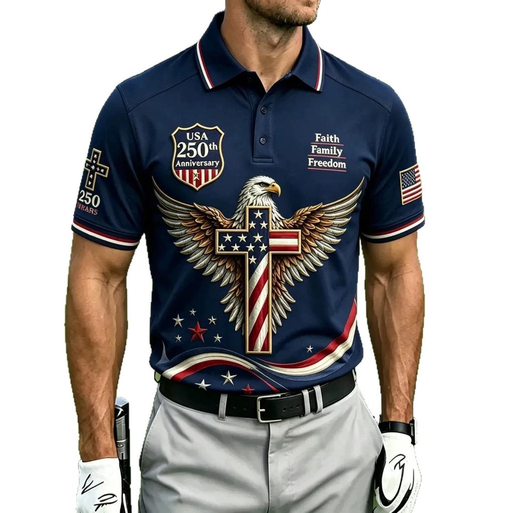 Patriotic Vintage Eagle Flag Short Sleeve Polo, Men's Stylish Casual Top