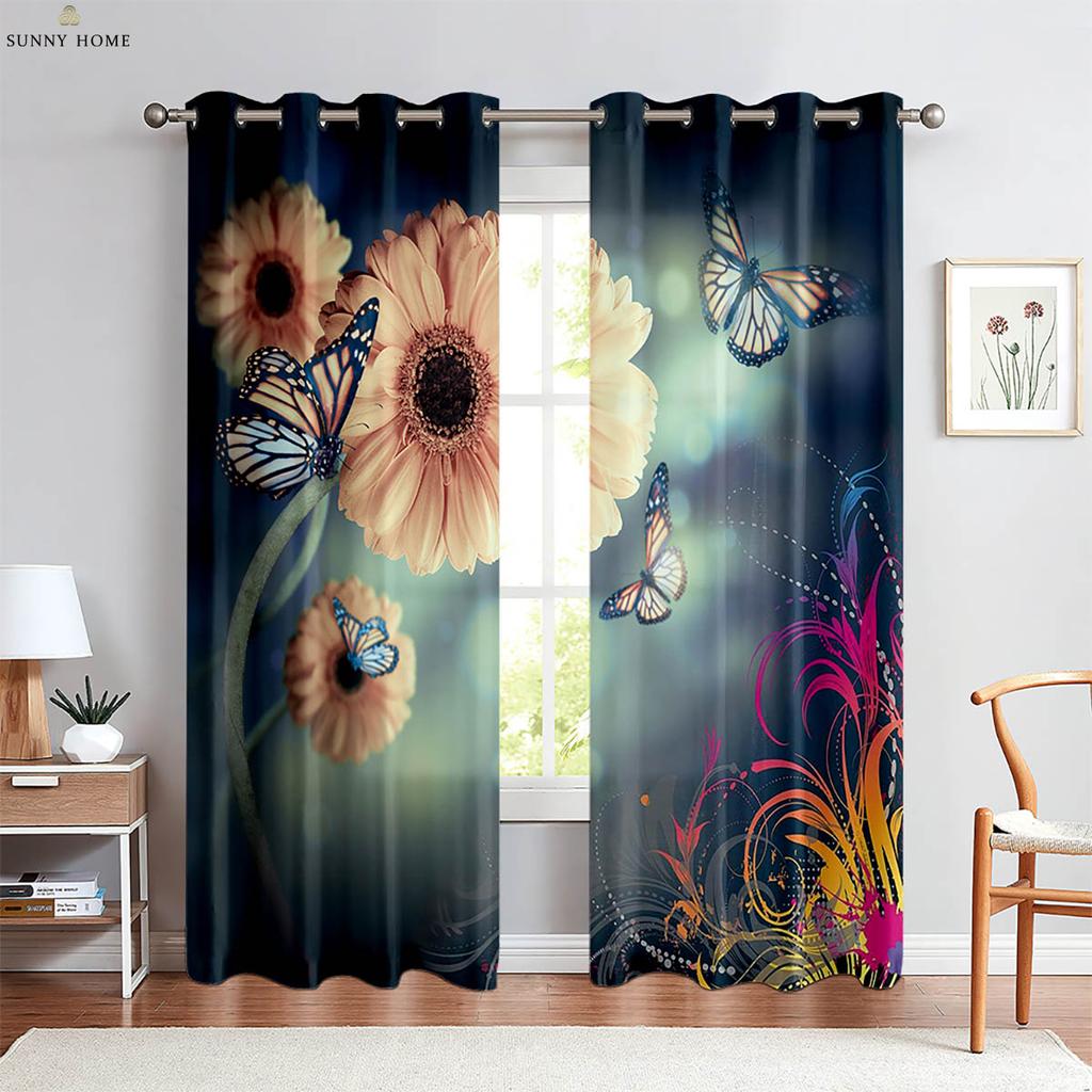 Window Curtains Floral Butterfly Print Curtains Pastoral Style Bedroom Living Room Kitchen Decorative Curtains 2 Pieces