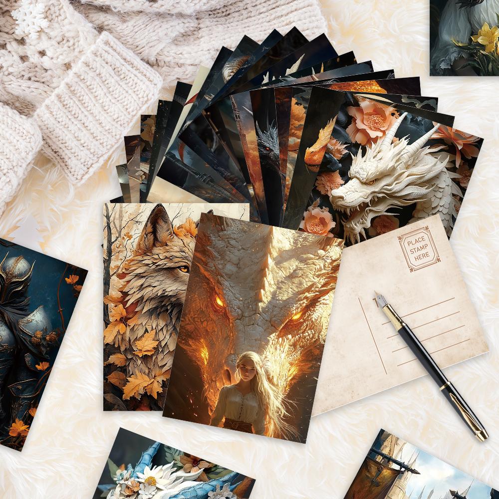 32pcs, vintage dragon and knight postcards, perfect for birthday/anniversary gifts, suitable for collecting, giving, and mailing