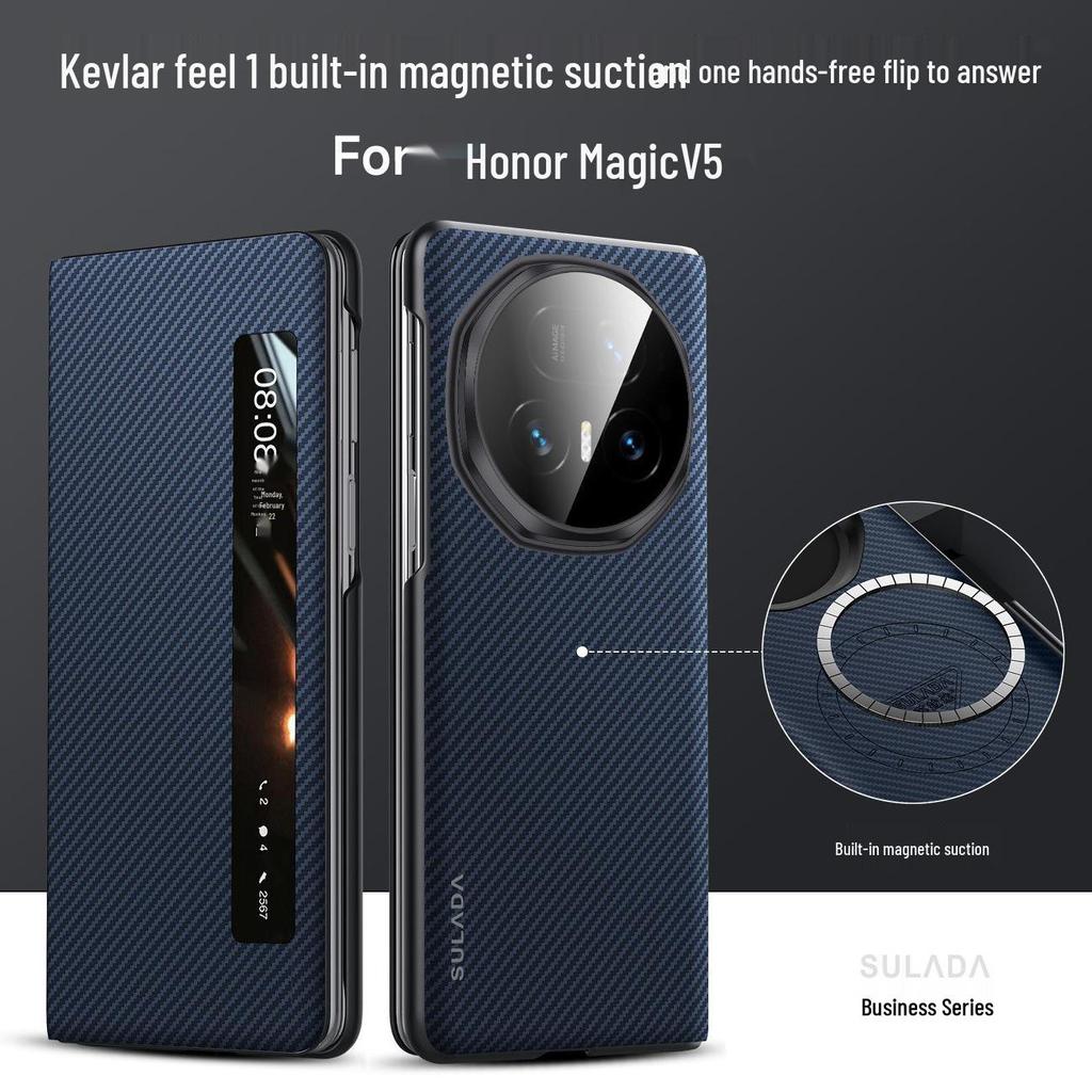 Honor MagicV6/V5 Phone Case: New Kevlar Magnetic Smart Flip Cover with Full Lens Protection.