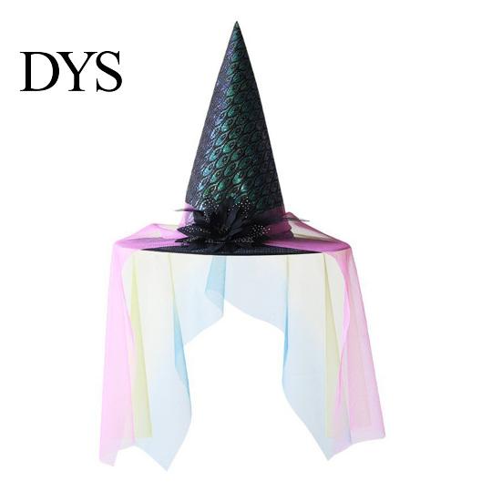 Fashionable Theme Event Hat Halloween Star Witch Hat, Mesh Veil Rose Feather Cone Adult Party Hats for Women, Gothic Costume Headwear, Cosplay