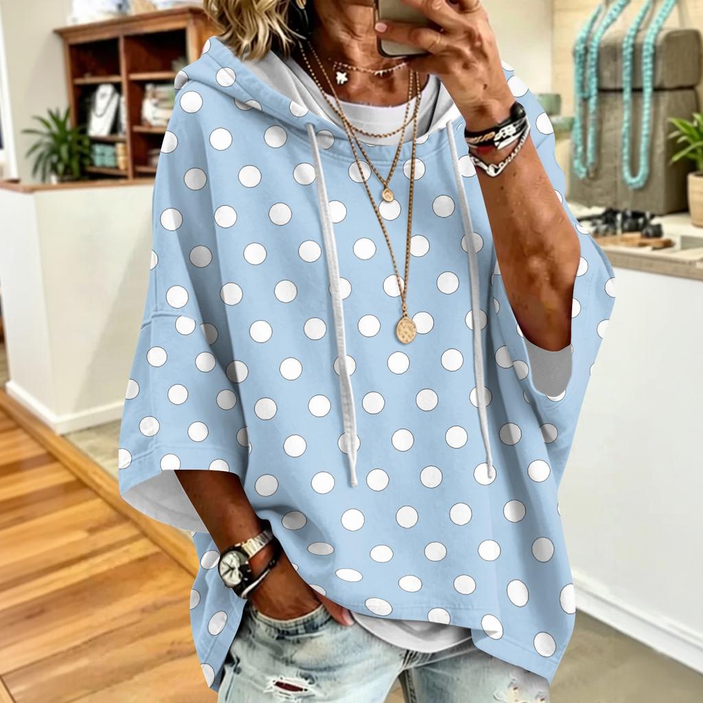 Women's Polka Dot Print Drawstring Hooded Sweatshirt Loose Fit Casual Top
