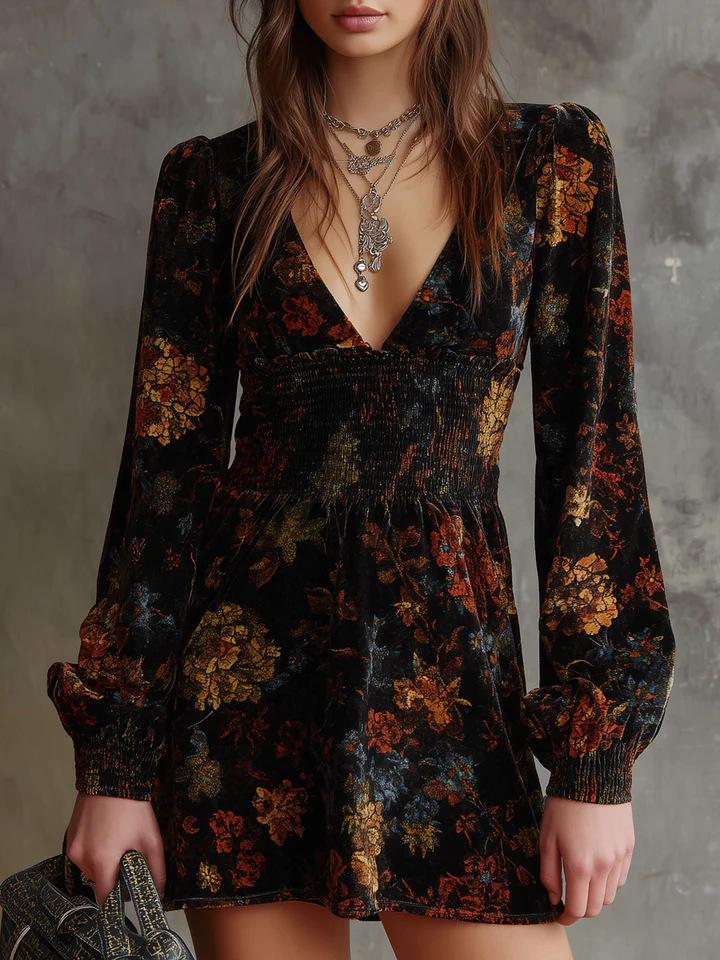 Elegant Floral Velvet V-Neck Dress - Waist-Cinched, Long-Sleeved, Short Skirt Small цветочный
