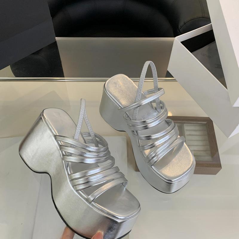 Silver wedge-shaped sandals for women's platform shoes with black straps, high heels, thick heels, sandals for summer