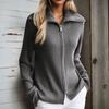 Dames Effen Kleur Revers Rits Lange Mouwen Gebreide Cardigan Trui Jas