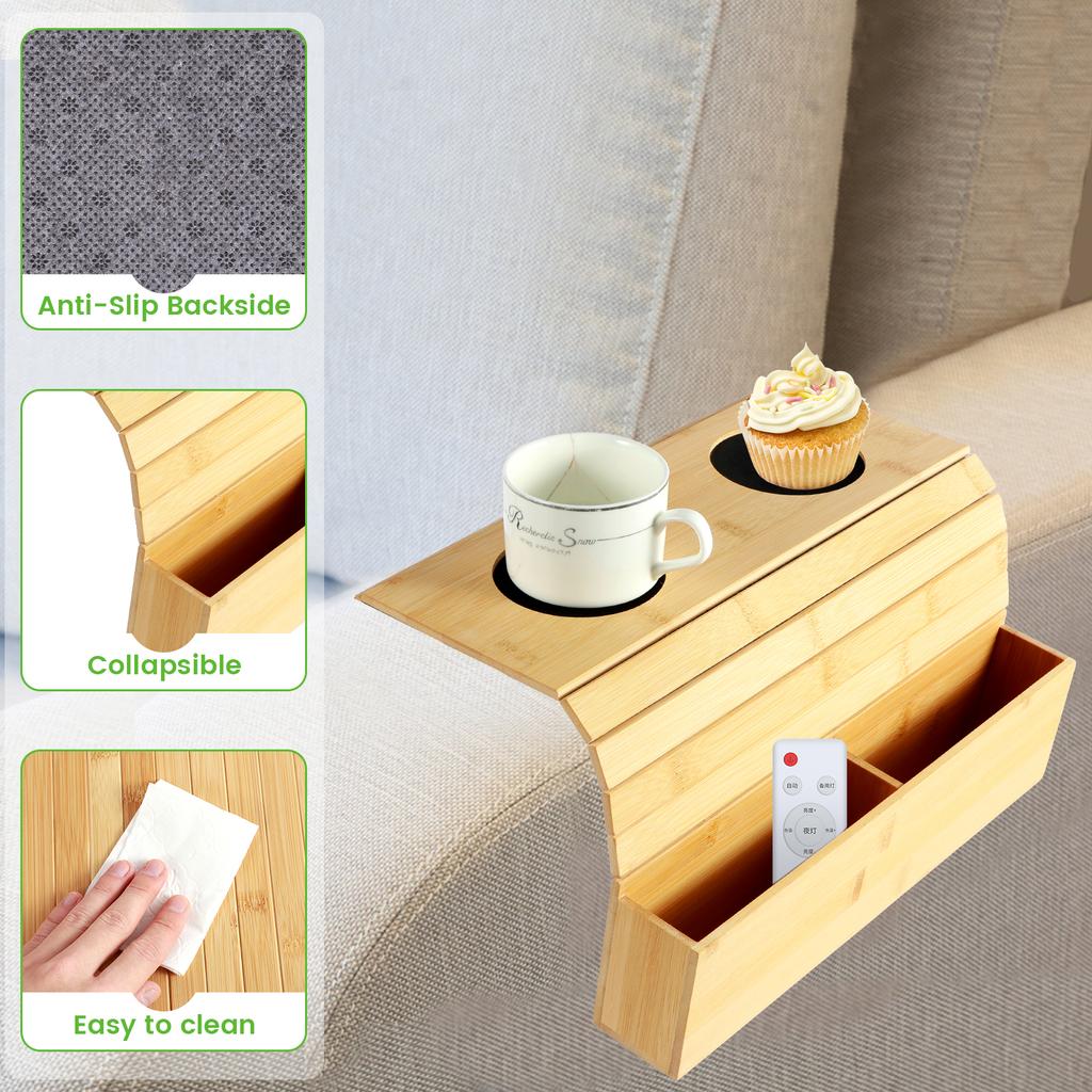 Sofa Arm Tray Bamboo Couch Arm Tray with Basket Foldable Nonslip Splash Proof Sofa Organizer Tray Sofa Arm Table for Drink Snack