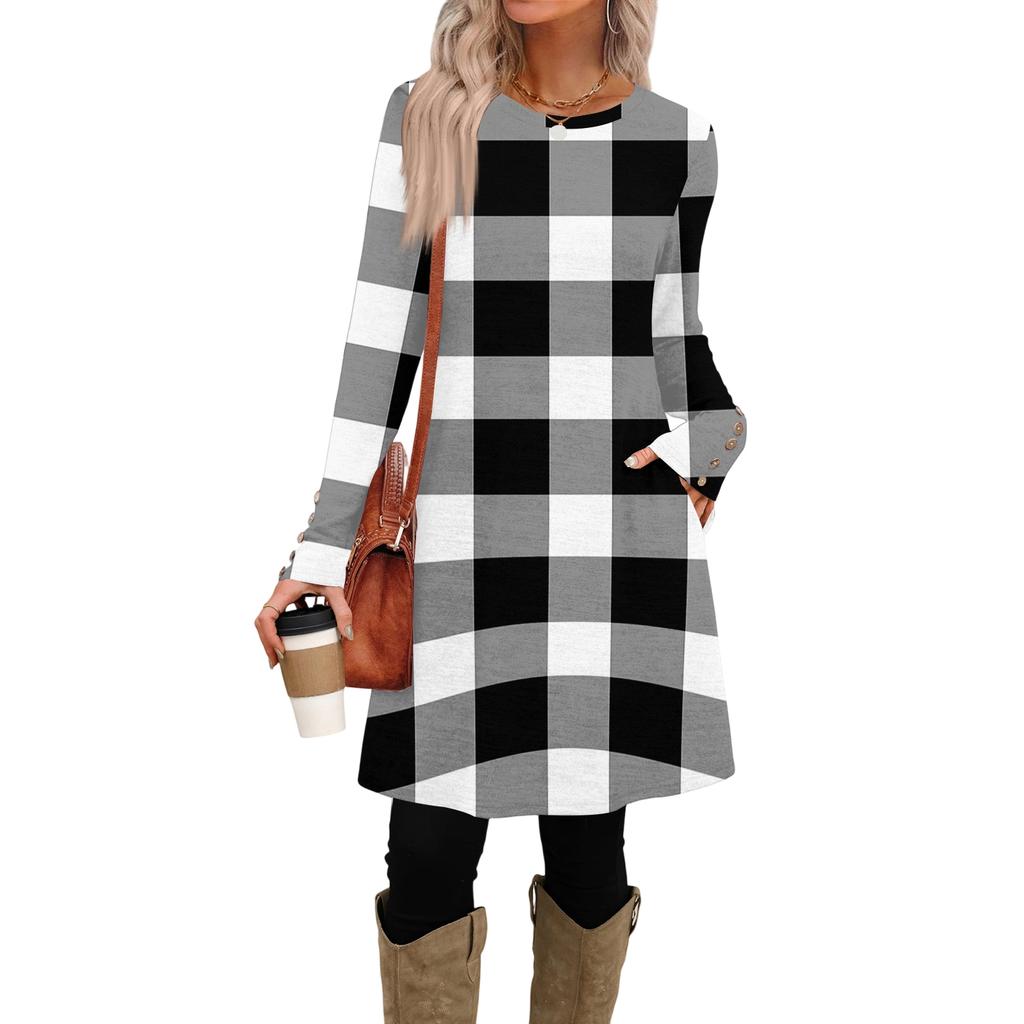 Women's Fashion Casual Dress With Pocket Decorative Buttons, Round Neck And Long Sleeves