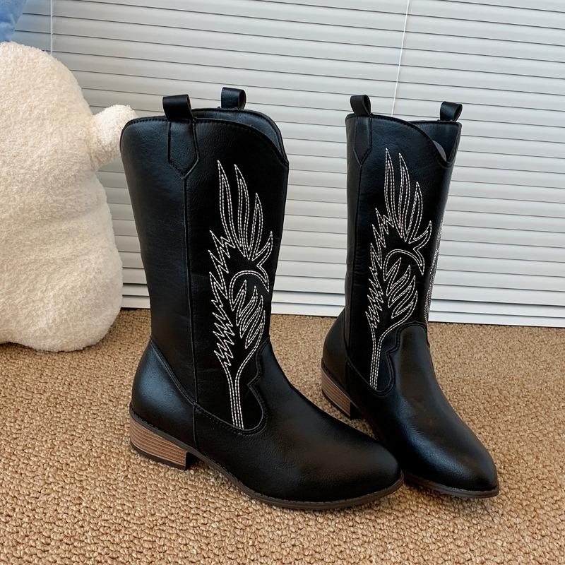 

Fashion Embroidered Pointed Toe Winter Sleeve Low Heel Mid-leg Boots for Women 36 чёрный