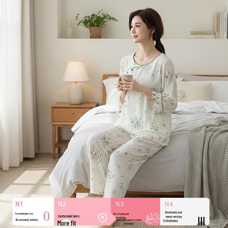 Baumwoll-Bambus-Pyjama mit neun Ärmeln für Damen - Kühl, lockere Passform für Frühling/Sommer, für drinnen und draußen