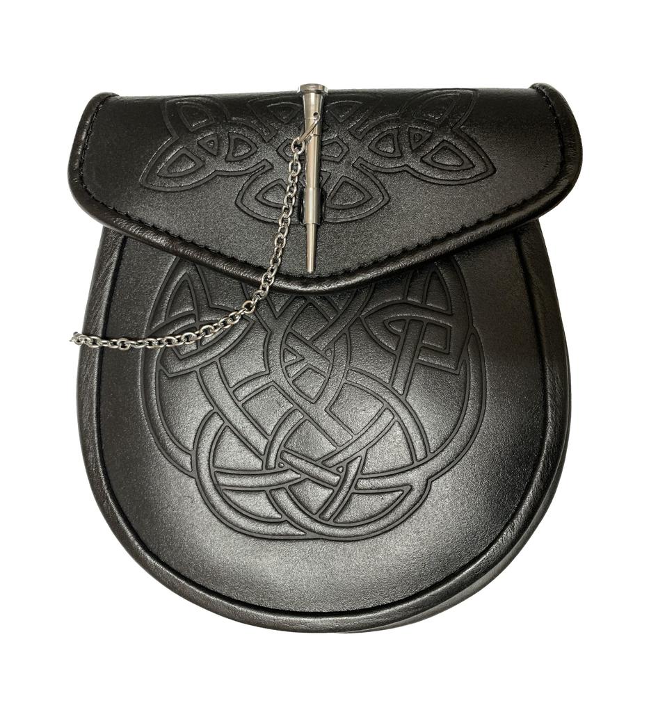 Leder-Sporran, Messingnadel, keltisches Muster, glatt, traditionelle schottische Geldbörse, 4 Kilts