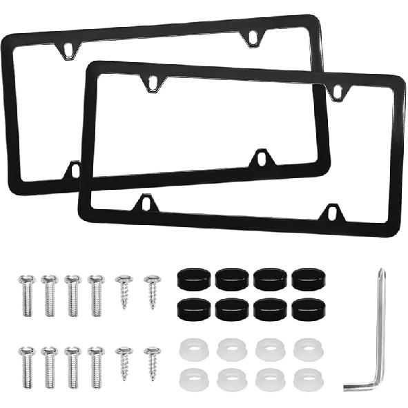 2 PCS Car License Plate Frames, 4 Holes Stainless Steel Auto Tag Holder with Screws Washers Caps, Rustproof Universal Front Rear License Plate Cover