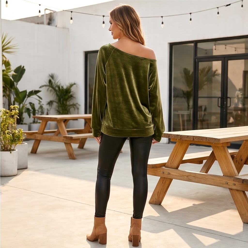 Women's Color Sequin Velvet Long Sleeve Asymmetric Neckline Top
