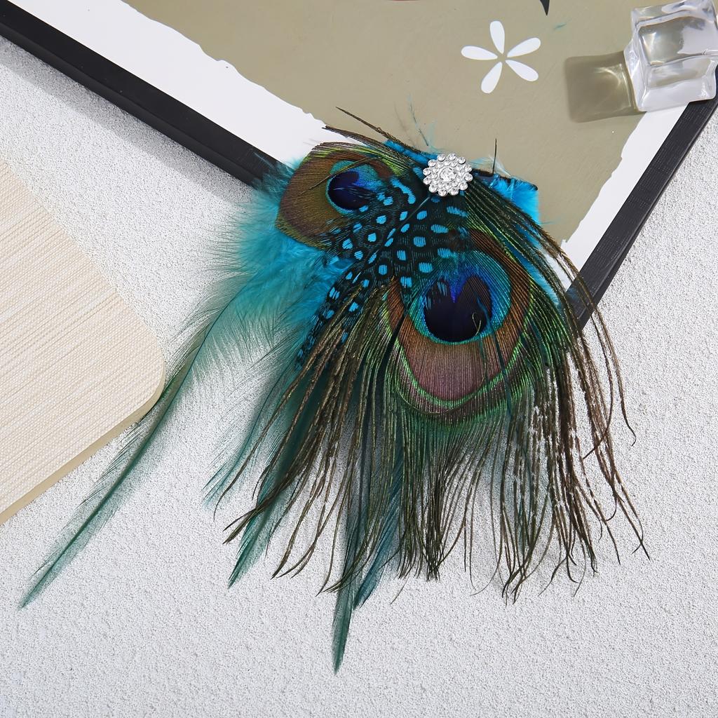 An Artificial Peacock Feather Hair Accessory, Adorned with Rhinestone Floral Clips, for Special Occasions And Stylish Outfits.