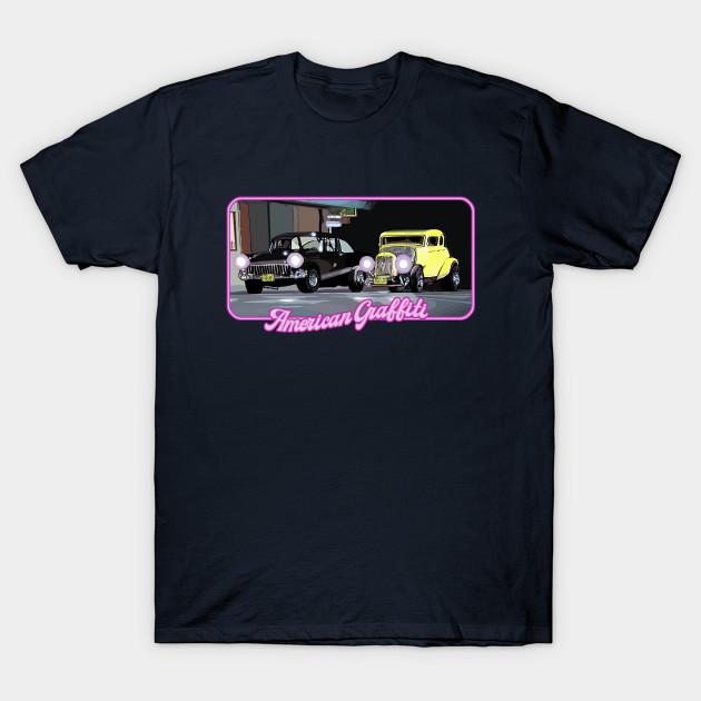 

Men Black Print T-shirt American Graffiti- Milner Vs. Falfa No-Cut Transfer Paper Print Cotton Tshirt L