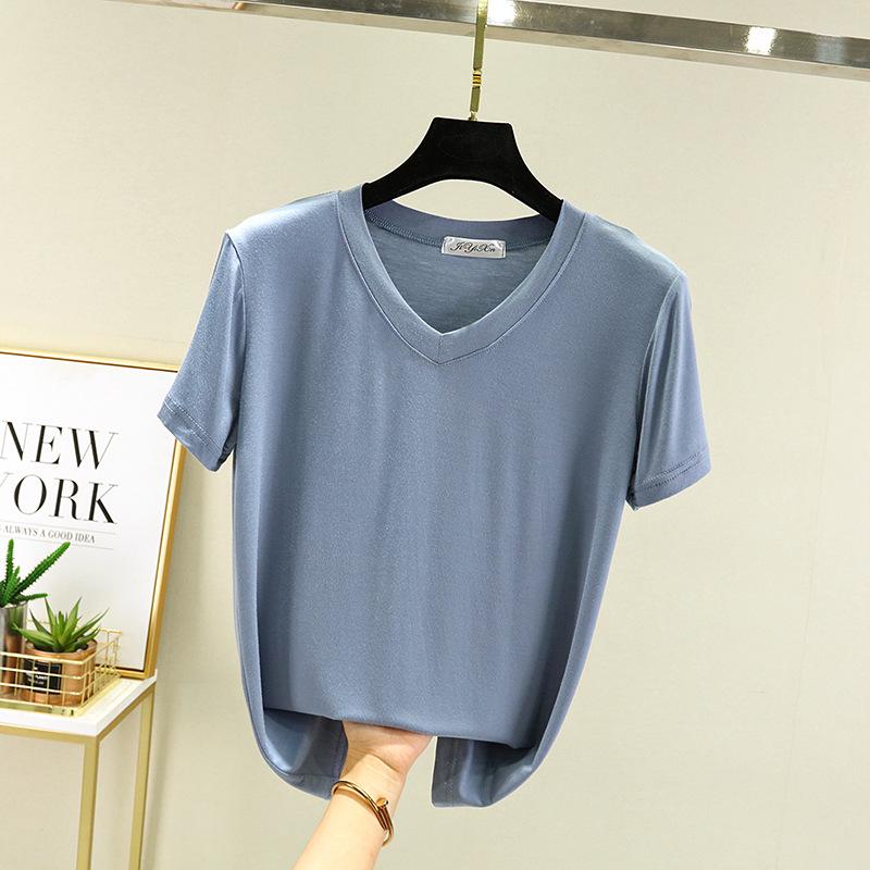 New Summer V-Neck Women's Loose Fit Modal T-Shirt - Solid Color, Short Sleeve Basic Top