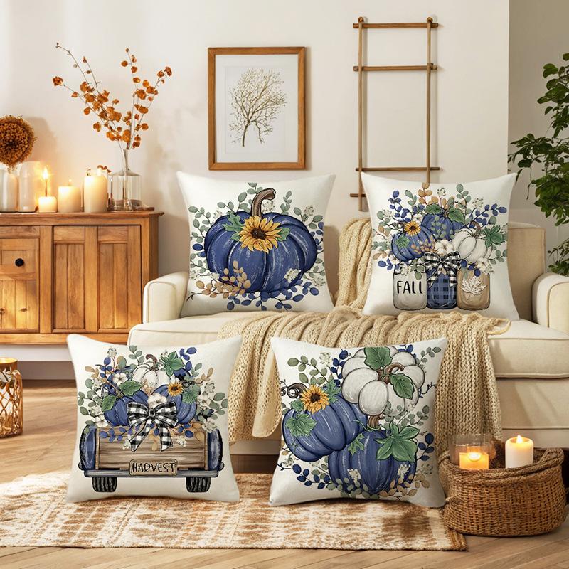 1pc Blue White Pumpkin Cushiopn Cover Sunflower Pattern Washable Pillowcase for House Decoration Festival Gift Adult Gifts