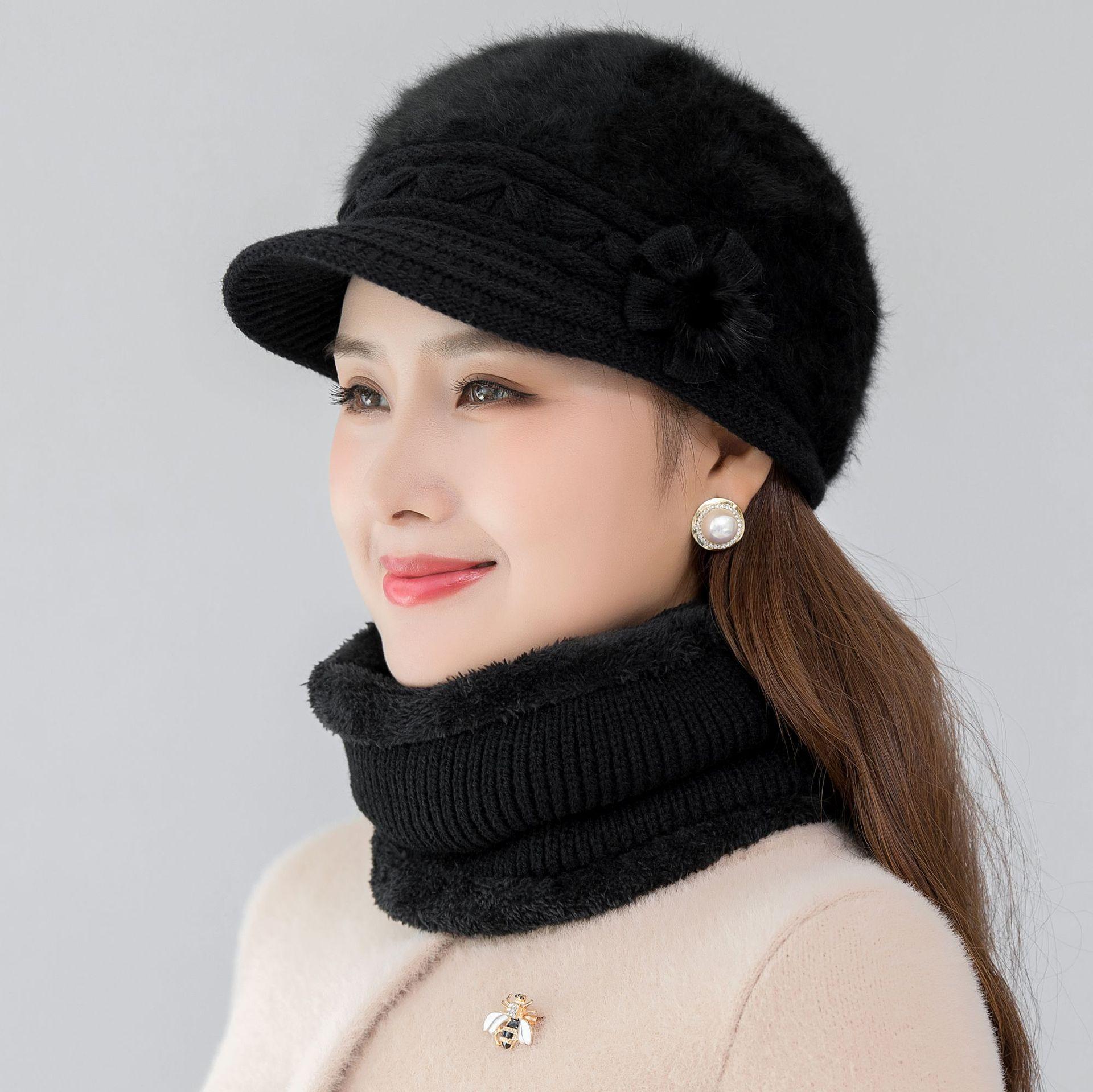 

New Women Winter Hat Keep Warm Cap Add Fur Lined Hat & Scarf Warm Set Fashion Hat For Women Casual Faux Fur Flower Knitted Hat