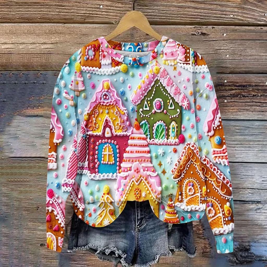 Ladies' Christmas Printed Long Sleeved Round Neck Hoodie Loose Top