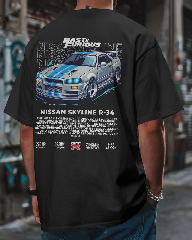 R34 GTR Fan Art T-Shirt Skyline JDM Drift Car Graphic Unisex Tee