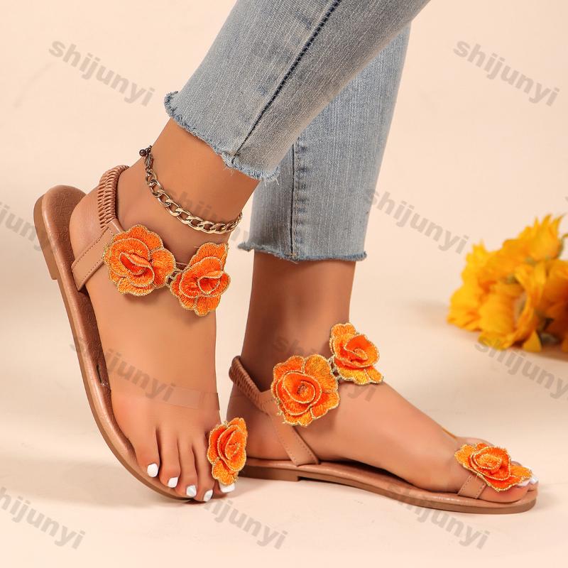 Fashion Women Flowers Roman Sandals 2025 Summer New Luxury Design Breathable Shoes Women Casual Fashion Bohemian Flats Beach Sandals
