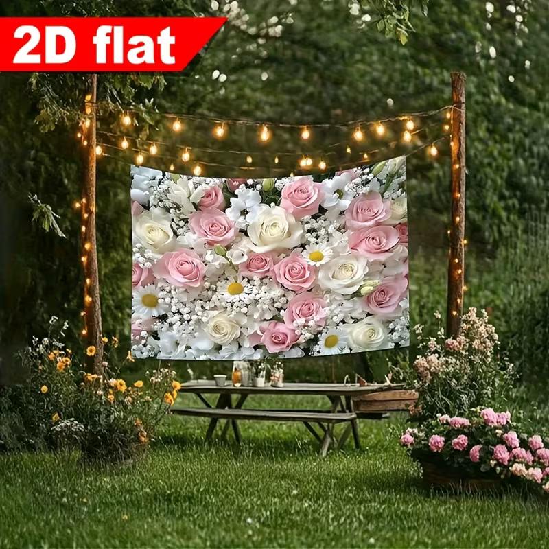 2D Pink & White Rose Flower Tapestry, Floral Wall Backdrop