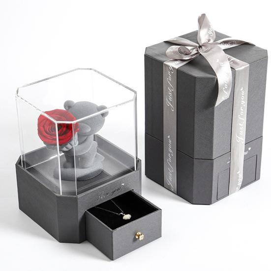 Flocking Bear Figurines with Preserved Rose Eternal Rose with Gift Box Romantic Gift for Girlfriend Wife Valentine's Day Anniversary Gift