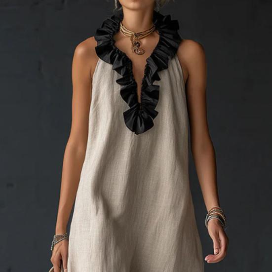 Women's Summer Halter Maxi Dress Ruffle Trim Sleeveless Flowy Long Dress Casual Beach Vacation Sundress
