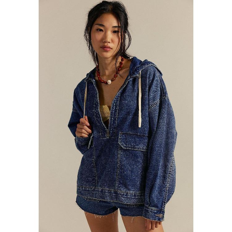 Light Blue Oversized Denim Hoodie with Half-Zip and Drawstrings
