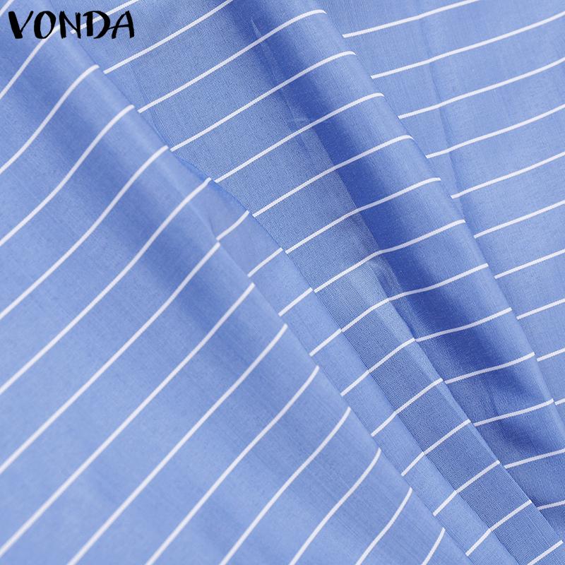 VONDA Women Autumn V-Neck Striped 3/4 Sleeve Button Trim Shirts