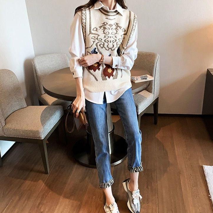 Coletes de Tricô Jacquard Tamanho Grande Femininos de Primavera e Outono Coletes Sem Mangas Versáteis