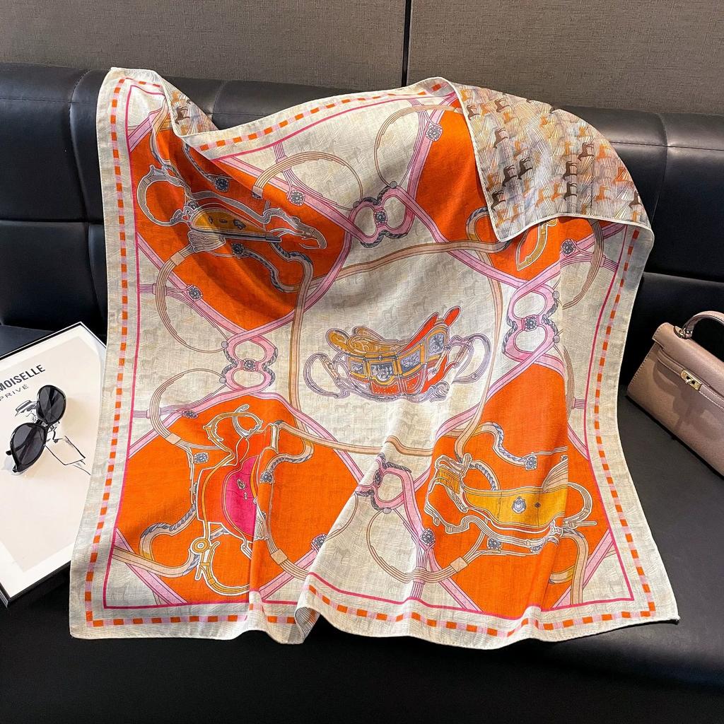 Double-Sided Faux Silk And Wool Printed Scarf For Women Spring And Autumn 90Cm Square Scarf Foulard Bandana Femmel Headscarf
