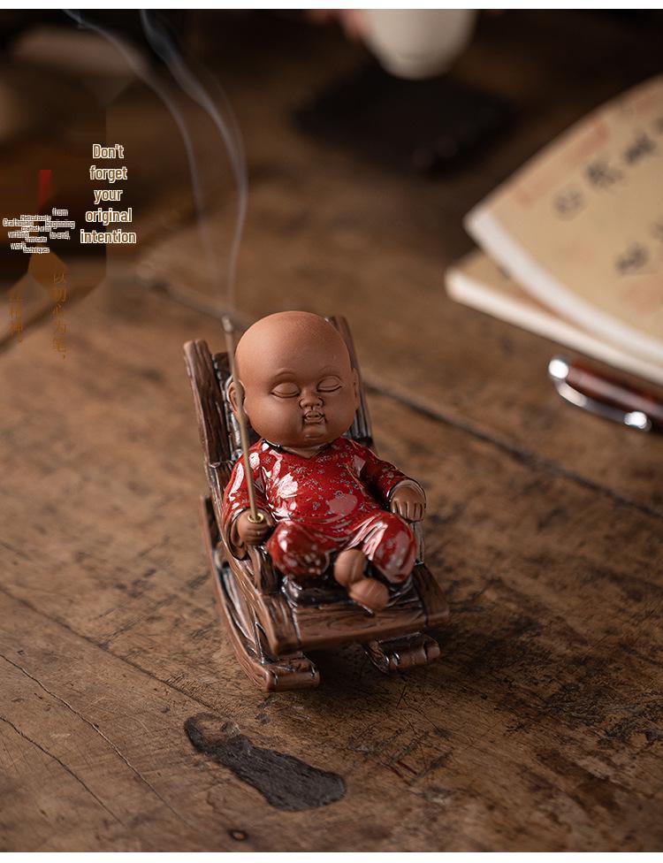 Charming Zen Buddha Tea Pet Ornament with Rocking Chair Incense Burner for Tea Table Accessories