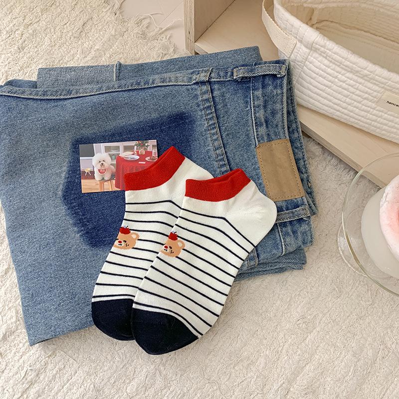 

Женские короткие носки, хлопковые носки, тонкие носки-лодочки для весны и лета, милый медвежонок в белых туфлях, студенческие хлопковые носки 1 pair