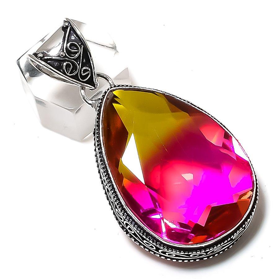Natural Bi-Color Tourmaline Gemstone 925 Sterling Silver Pendant 2.17" k1D33