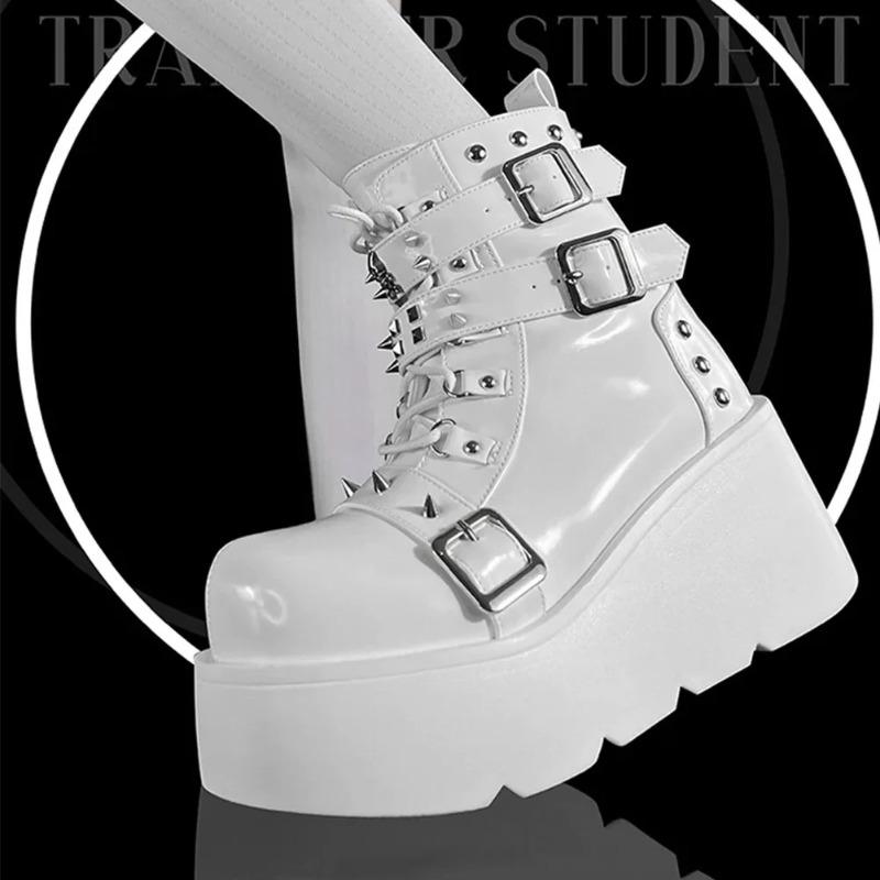 Botas de Plataforma Góticas Vampiro Cosplay Femininas de Cano Médio 2024 Inverno Cunhas Confortáveis Botas de Motocicleta Femininas